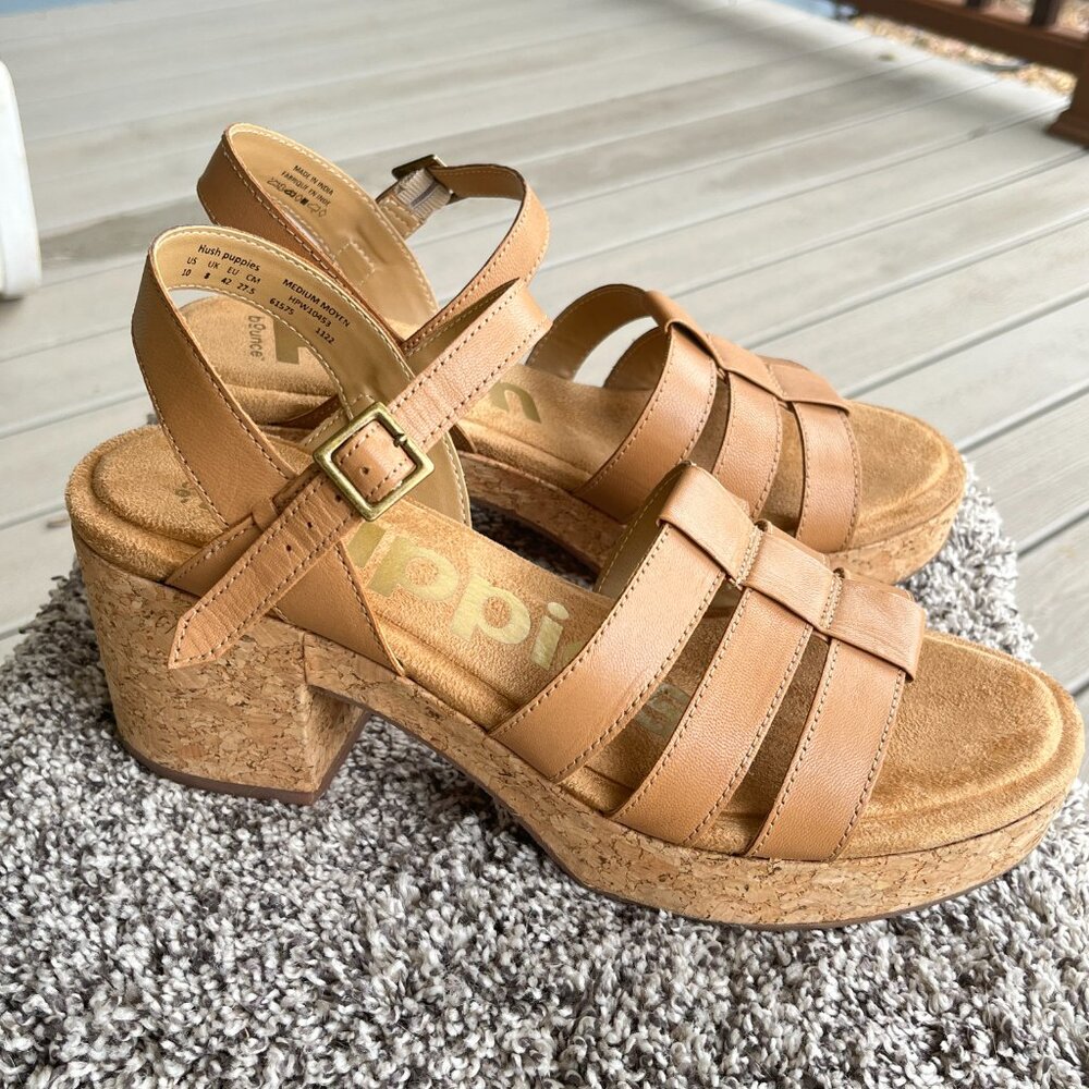 Hush Puppies Bounce Platform Sandal Cork Block Heel Tan Size 10 Shoes
